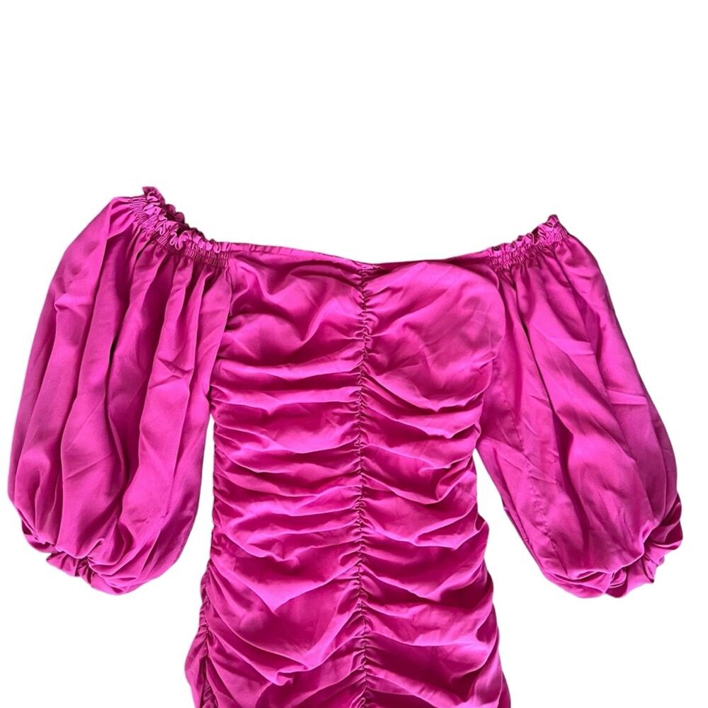For Love And Lemons Bali Puff Sleeve Hot Barbie Pink Ruched Bodycon Mini Dress - Picture 3 of 12